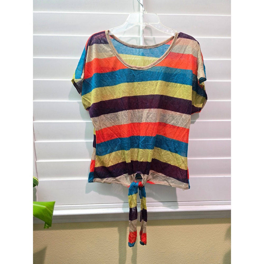 Multicolor Stripes Tie Front Disco Party Summer Top Medium